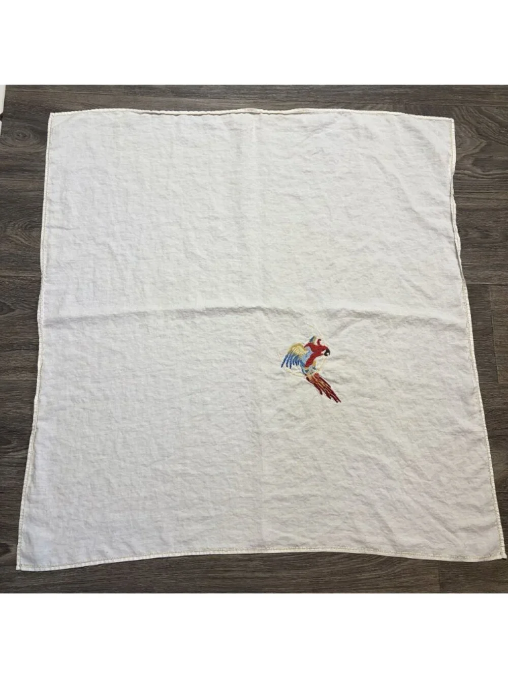 Vintage White Linen Tablecloth Napkins Hand Stitched Parrot Embroidery Tropical